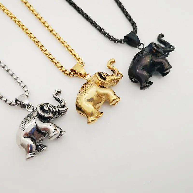 Vintage 316L Stainless Steel 3D Solid Elephant Charm Pendant Necklace Women Mens Cute Animal Elephant Necklace Lucky Jewelry