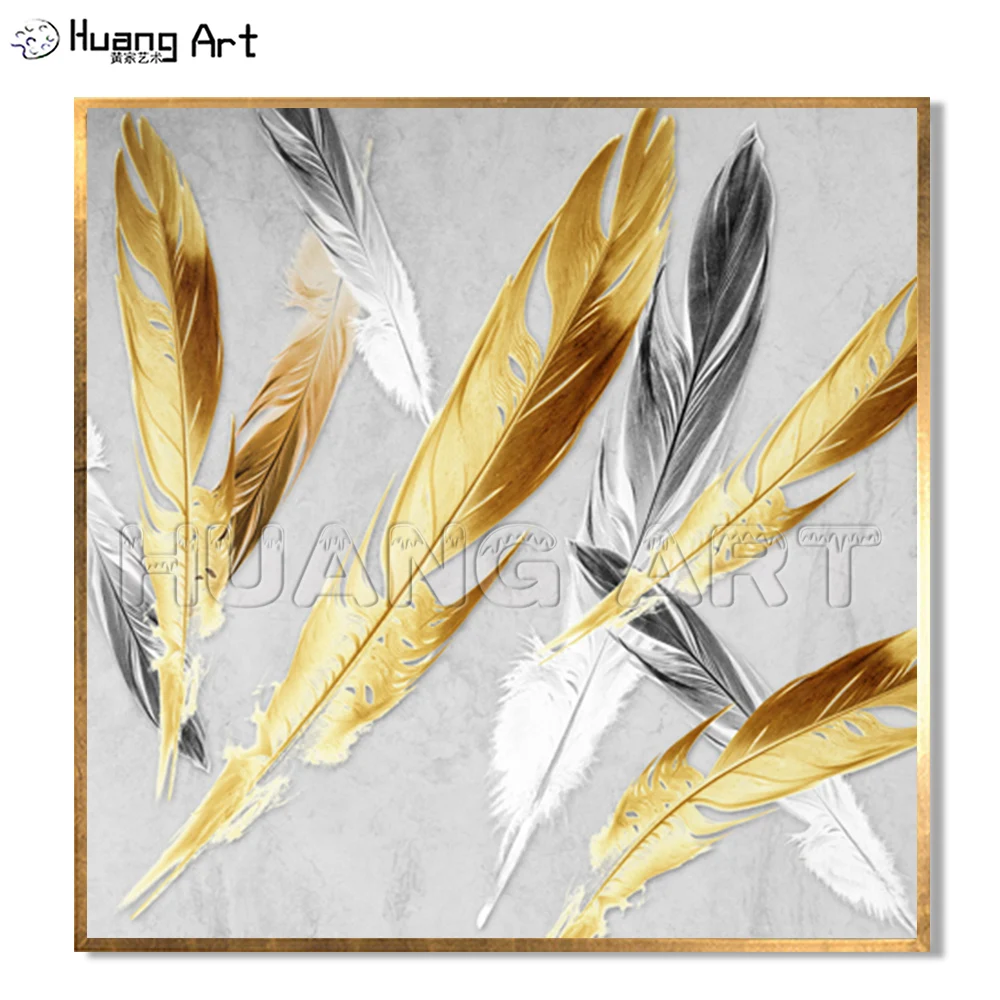 

100% Hand Painted Golden Grey Feather Oil Painting on Canvas Modern Abstract Texture Oil Painting for Living Room Decor Wall Art