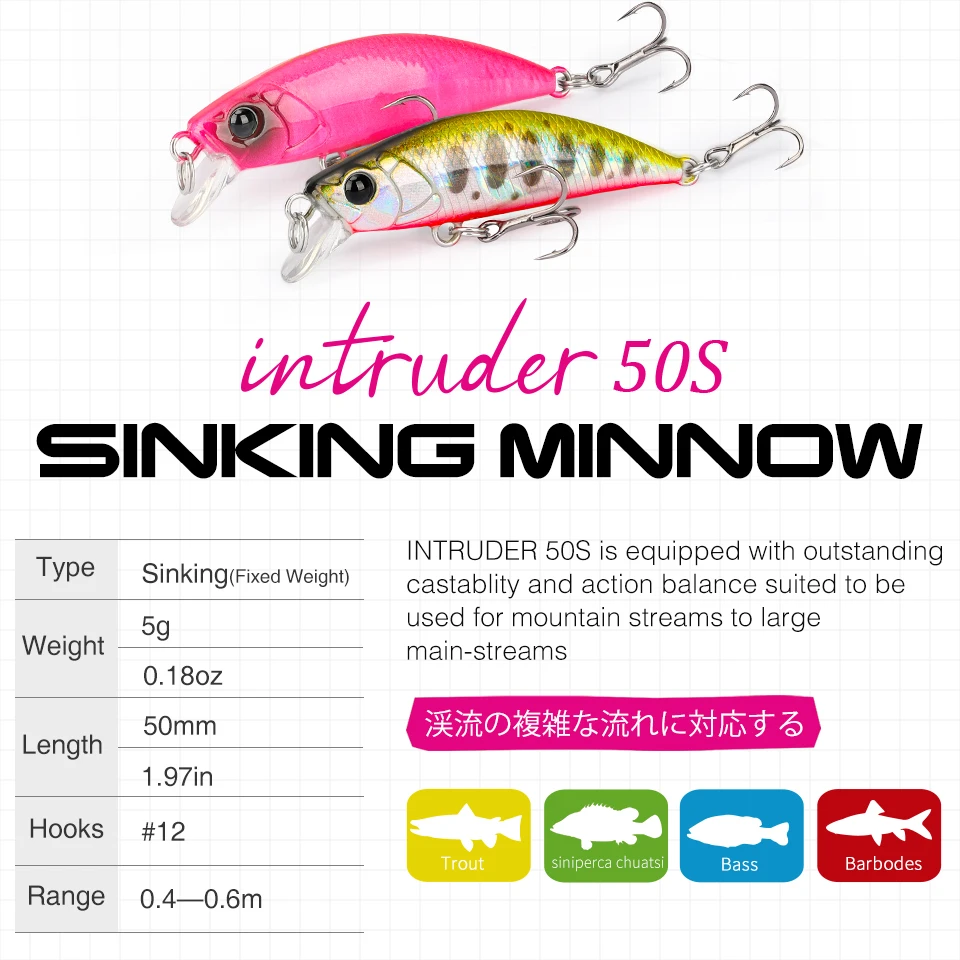 TSURINOYA 50S River Fishing Sinking Stick Bait Minnow Fishing Lure Intruder 50mm 5g Trout Area Stream Ajing Fake Fish Hard Baits