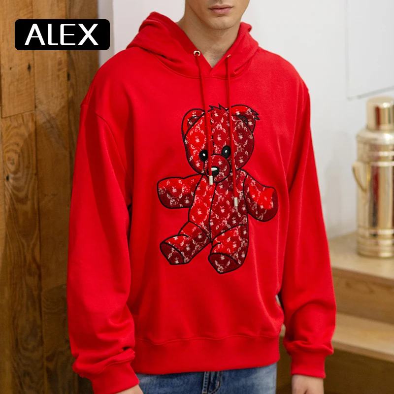 Alex Plein Man Hoodies Teddy Bear Towel Embroidery Oversized Sweatshirt 100% Cotton One Piece Couple Clothing Streetwear Cartoon