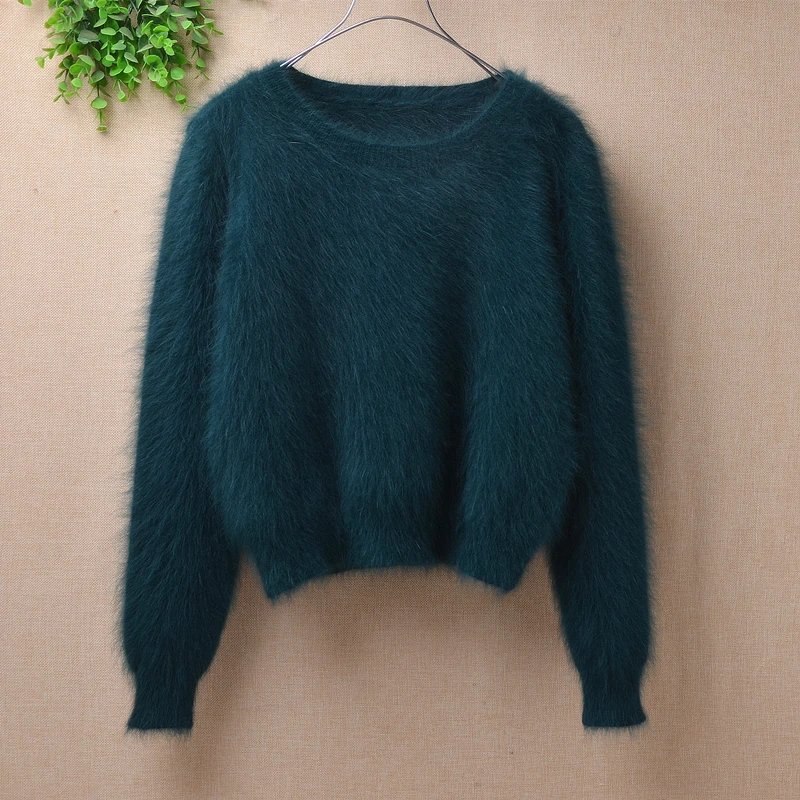 ladies women fashion short style hairy fluffy crop top mink cashmere knitted long sleeve slim pullover angora fur jumper sweater