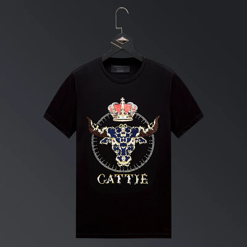 

2024 Summer Cattle Rhinestones T Shirts Men Streetwear Fashion Short Sleeve O Neck Mercerized Cotton Casual Tshirts Plus Size