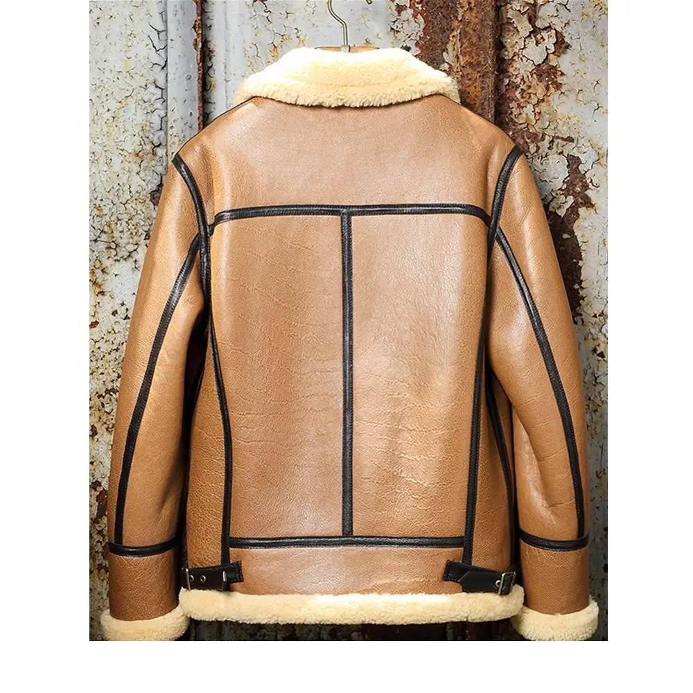 Mens B3 Yellow Shearling Jacket Sheepskin Coat Short Mens Motorcycle Leather Jacket Winter Thick Coat Fur Coat