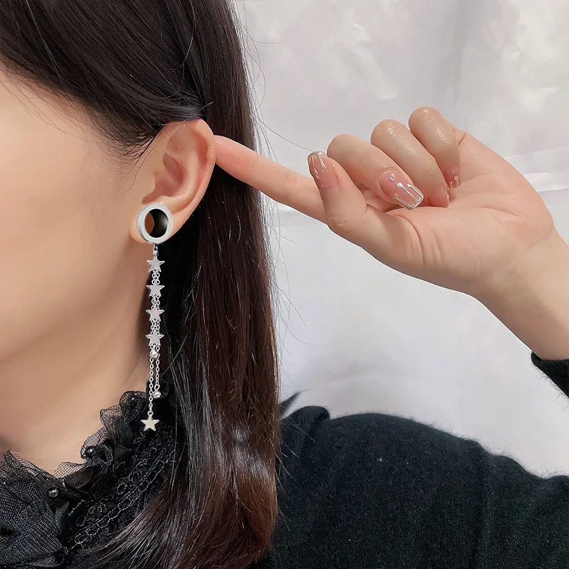 2 PCS Stainless Steel Ear Plugs Tunnels Stars Dangle Chain Ear Gauges Flesh Body Piercing Ear Expansions Ear Reamer 4-25mm