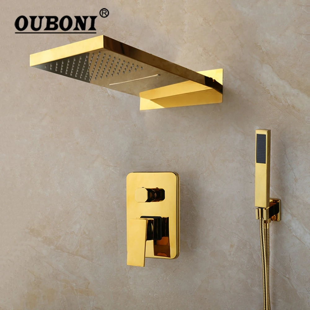 OUBONI Golden Plated Bathroom Shower Set Faucet Head Shower Hand Rainfall Spray Jets Tap 2 Fuctions Shower Set Mixer Faucet