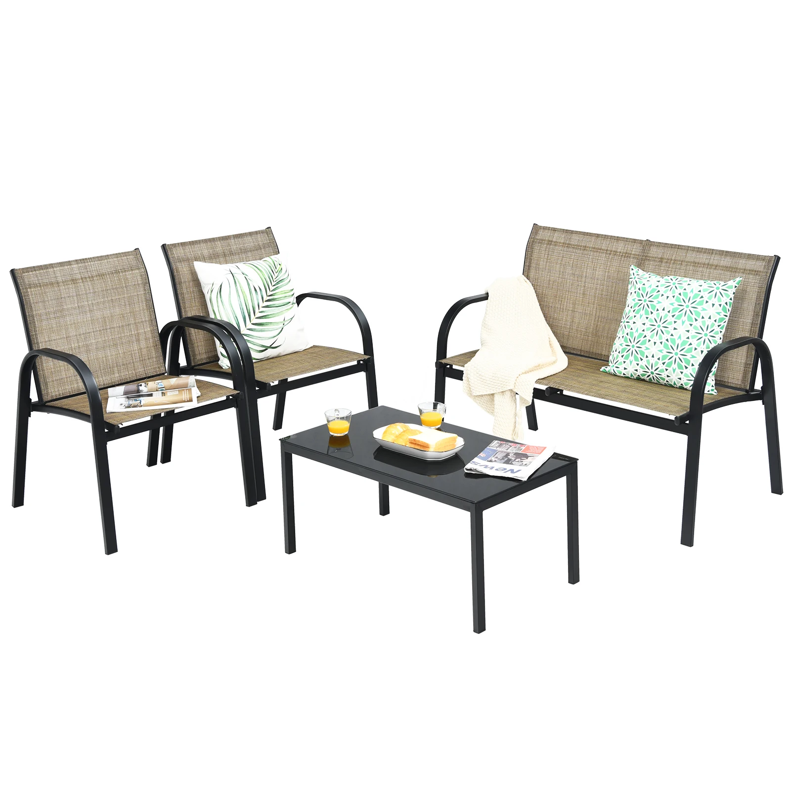 Patiojoy 4 PCS Patio Furniture Set Sofa Coffee Table Steel Frame Garden Brown