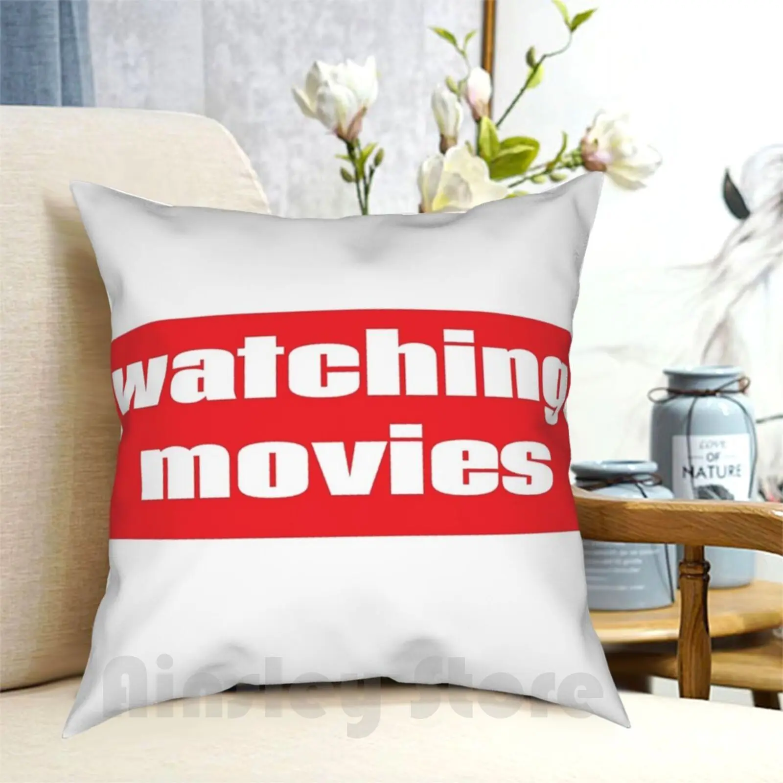 Watching Movies Pillow Case Printed Home Soft Throw Pillow Watching Movies Motion Picture Watching Movies Young Woman