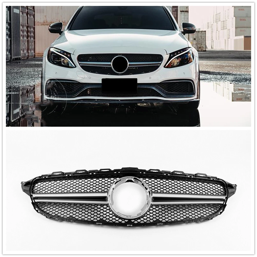 AMG Style Grill Front Grille For Mercedes Benz W205 C Class 2019-2021 C200 C300 C250 C43 AMG Silver/Black Upper Bumper Hood Mesh