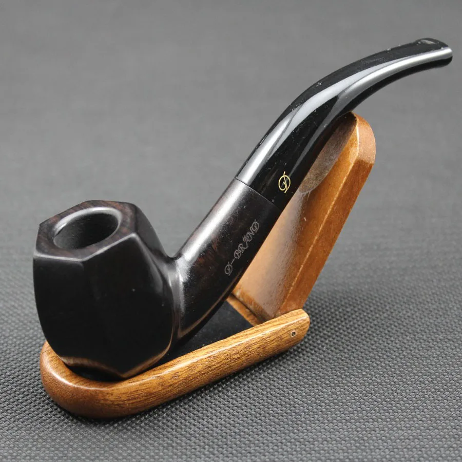 Handmade Nature Ebony Wood Bent Type Smoking Pipe Round Smoke Tobacco Wooden Pipe Gift 10pc 9mm Filters + Pouch + Holder #437S