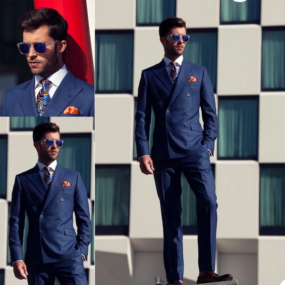 

Double Breasted Men Suits Tailor-Made 2 Pieces Navy Blue Tiny Plaid High Quality Formal Wedding Business Causal Prom