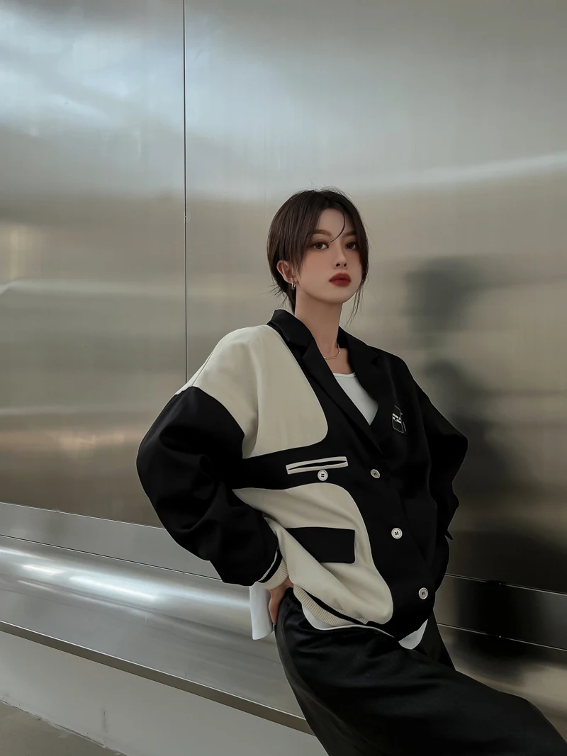 CHEERART Black Patchwork Oversized Jacket Tailored Coats And Jackets Quilted Korean Fashion Baseball Jacket Women Fall 2021