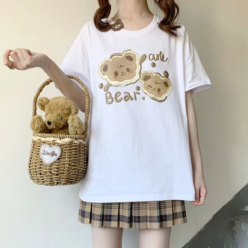 Japan Kawaii Women T-shirts Teen Soft Girls Clothes Summer Cute Cartoon Graphic Tee Female Top Short Sleeve White Cotton T Shirt