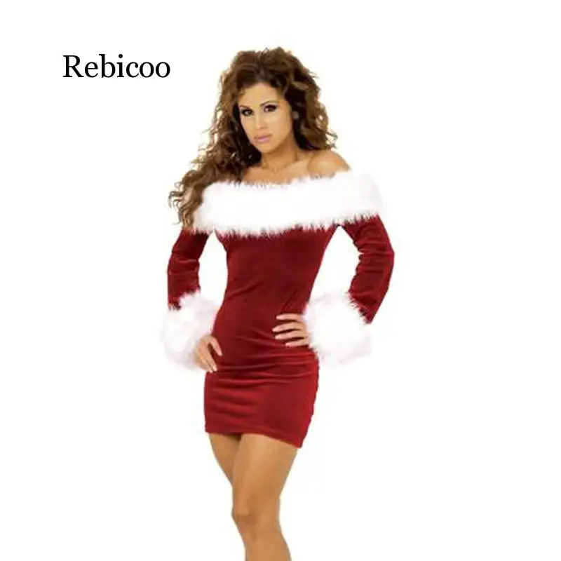 

New Year Sexy Christmas Dress Women Adult Red Long-sleeve Strapless Party Dress Festival Clothes Off Shoulder XXL-M