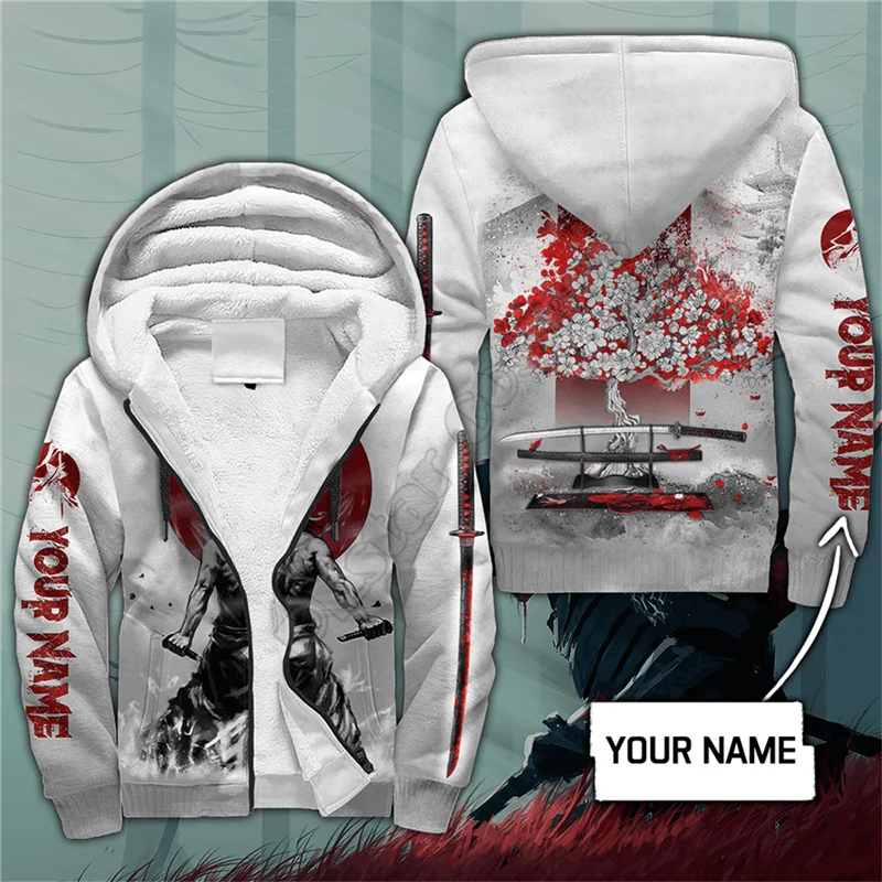 

Customize Name Samurai Tattoo Japan 3D printed Fleece zipper Hoodies Men Women Winter Warm plus velvet jacket Casual Coat