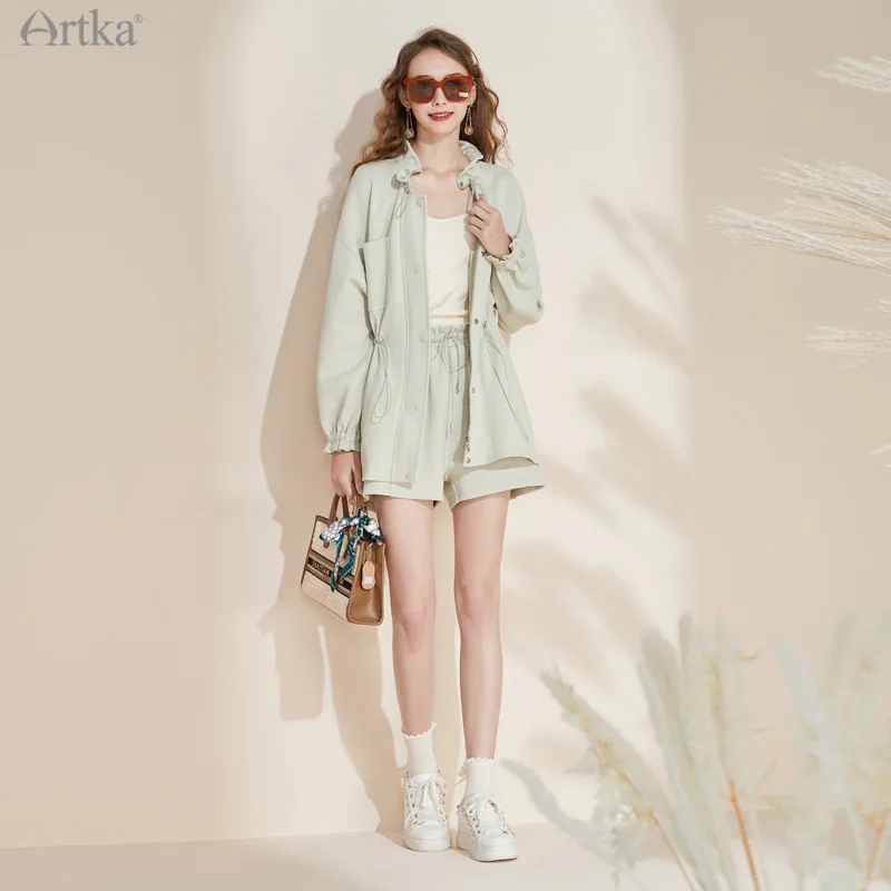 ARTKA 2021 Autumn New Women Suits Fashion Casual Ruffle Sweatshirt Coat 2 Piece Set Loose Elastic High Waist Shorts VA20013Q