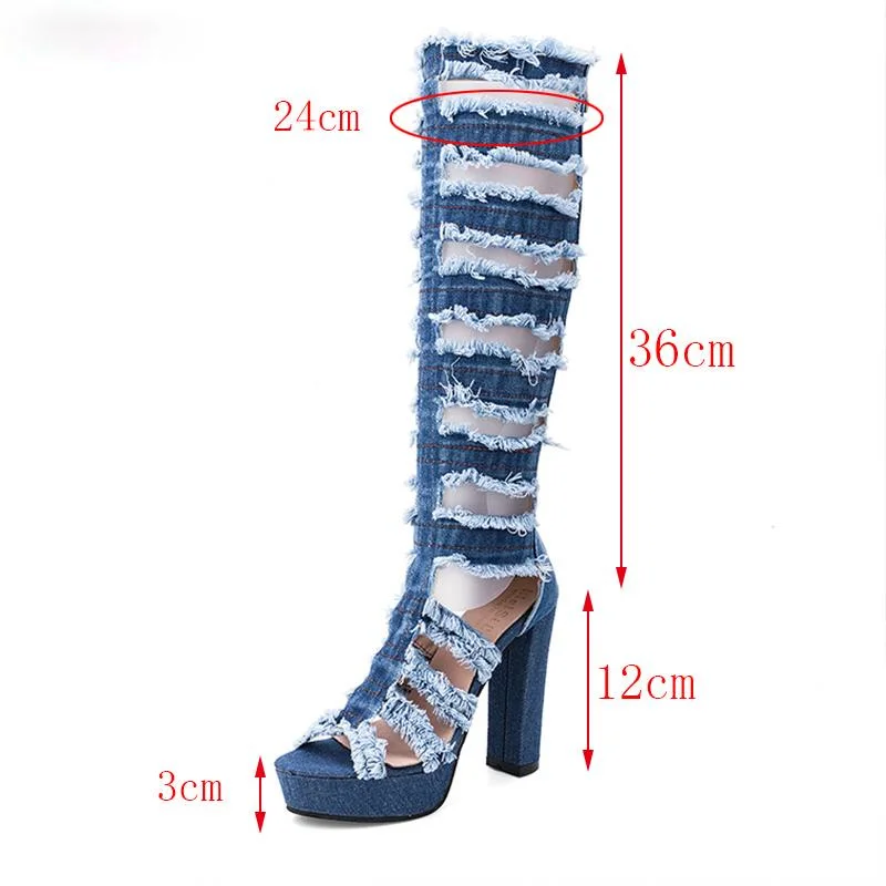 2023 Deep Toe Through Knee Cowboy Boots Women\'s Long Tight Thick Heels Summer Boots Platform High Heels Designer Women\'s Shoes