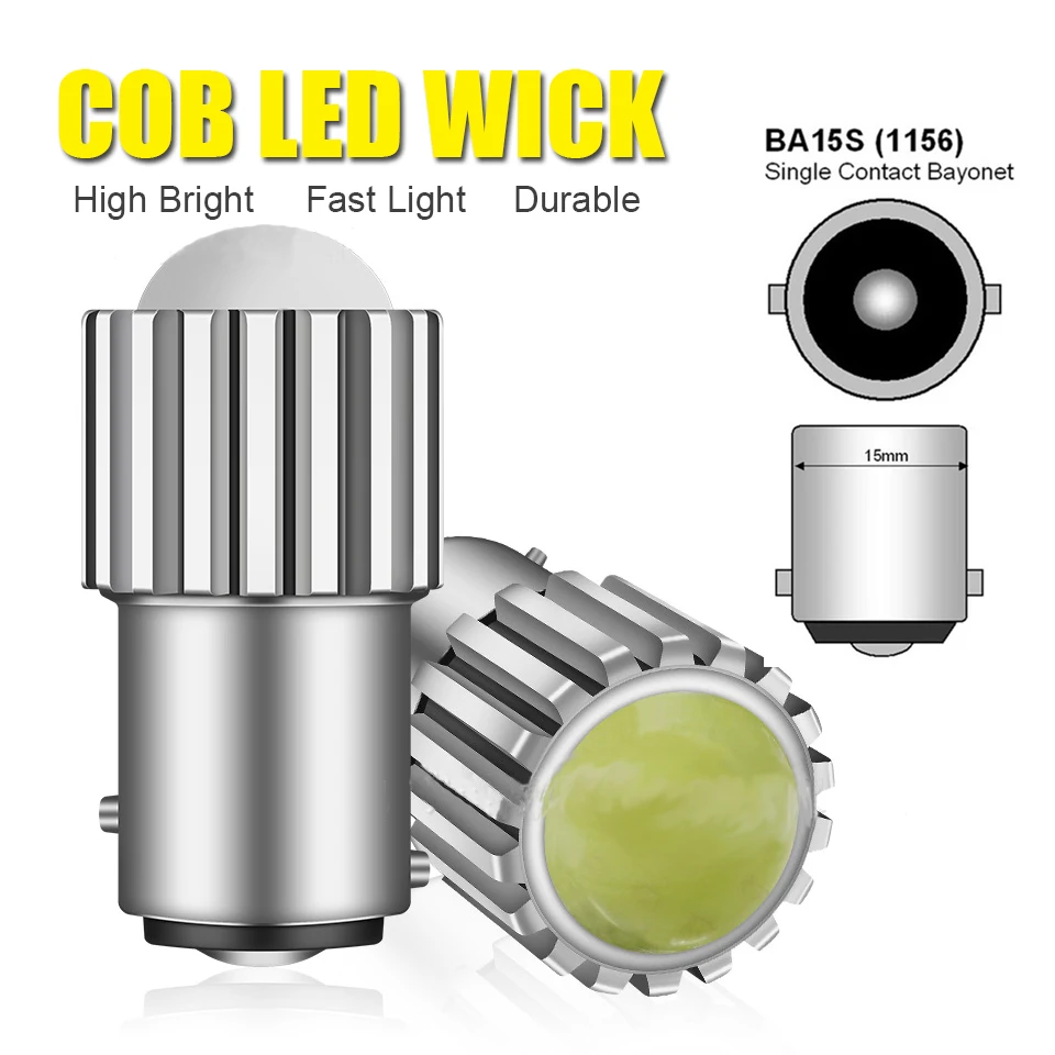 2x COB Super Bright P21w Led Car Light Aluminum Focused Lens 1156 Auto Reverse Light Lamp Bulb Durable Brake Light Ba15s White