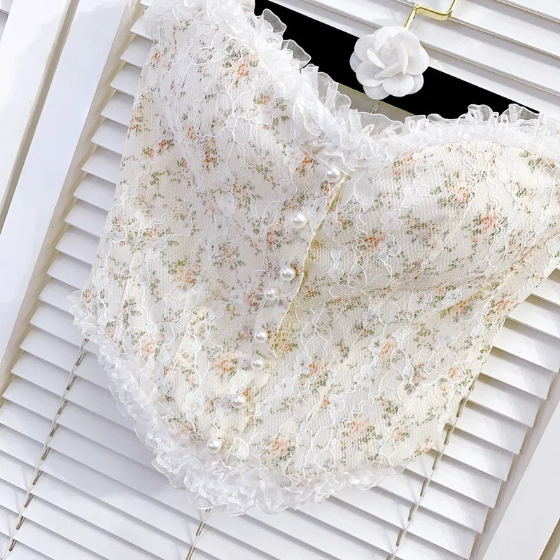 

2023 Summer Women Lace Floral Sweet Super Short Top Gathered Bustier Bra Beading 3D Chest Pad Elegant Tube Top Tank Tops Y1393