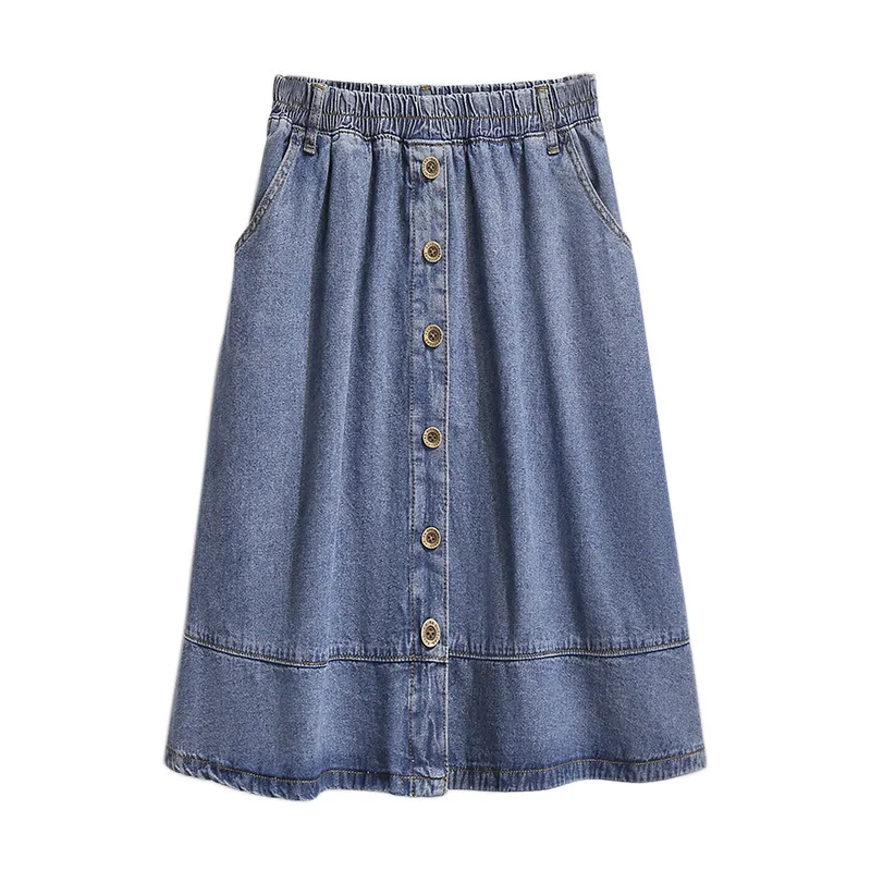 New 2021 Spring Autumn Plus Size Women Denim Midi Skirt For Women Large Casual Cotton A-line Blue Button Skirts 4XL 5XL 6XL 7XL