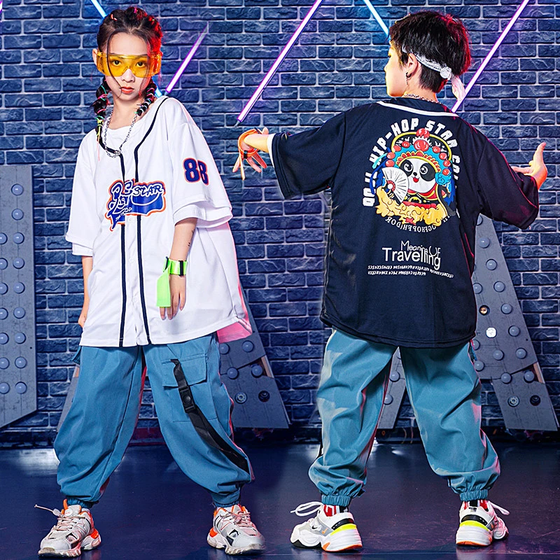 

Children Jazz Modern Dance Rave Clothes Loose Shirts Cargo Pants Suit For Girls Street Dance Wear Boys Hip Hop Clothes DQS7621