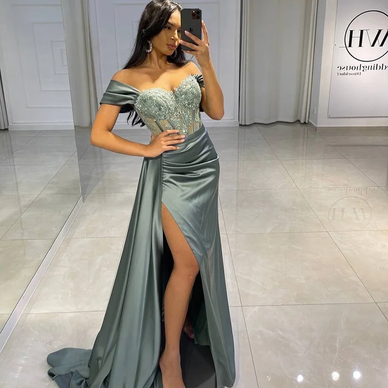 

Promworld Sexy Mermaid Evening Dresses Long Off the Shoulder Arabia Dubai Formal Party Dress Beaded Lace High Split Prom Gown