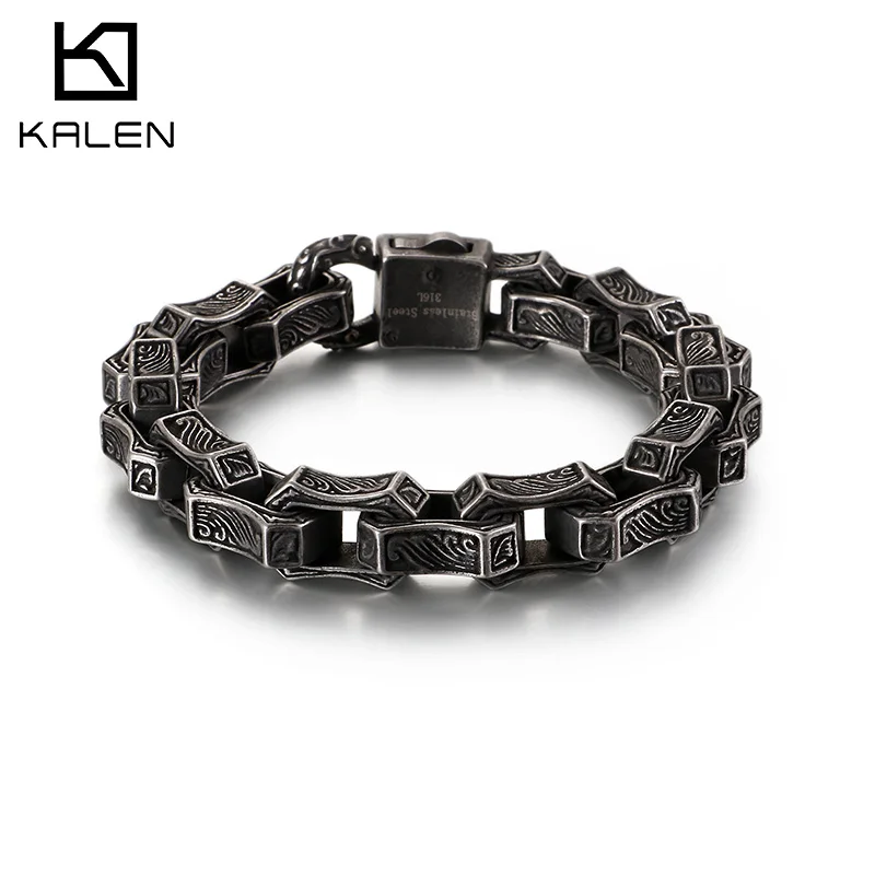KALEN Punk Matte Link Chain Bracelet Men Stainless Steel 23.5cm Chunky Mysterious Symbol Charm Bangle Homme Jewellry 2020