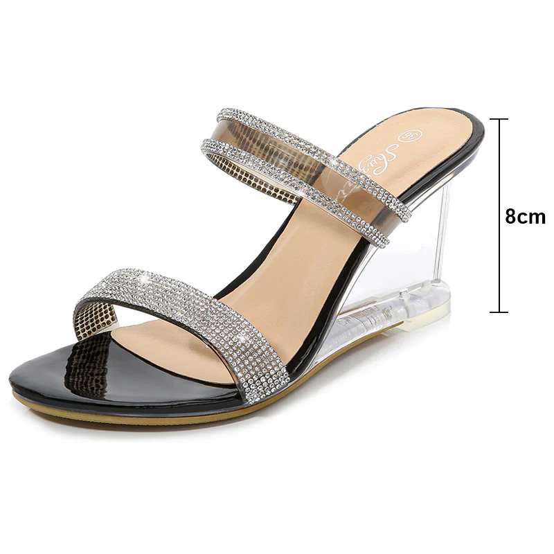 2020 Summer Wedges Sandals Women New Sexy Transparent Crystal High Heels Shoes Woman Rhinestone Slippers Flip-Flops WS0124