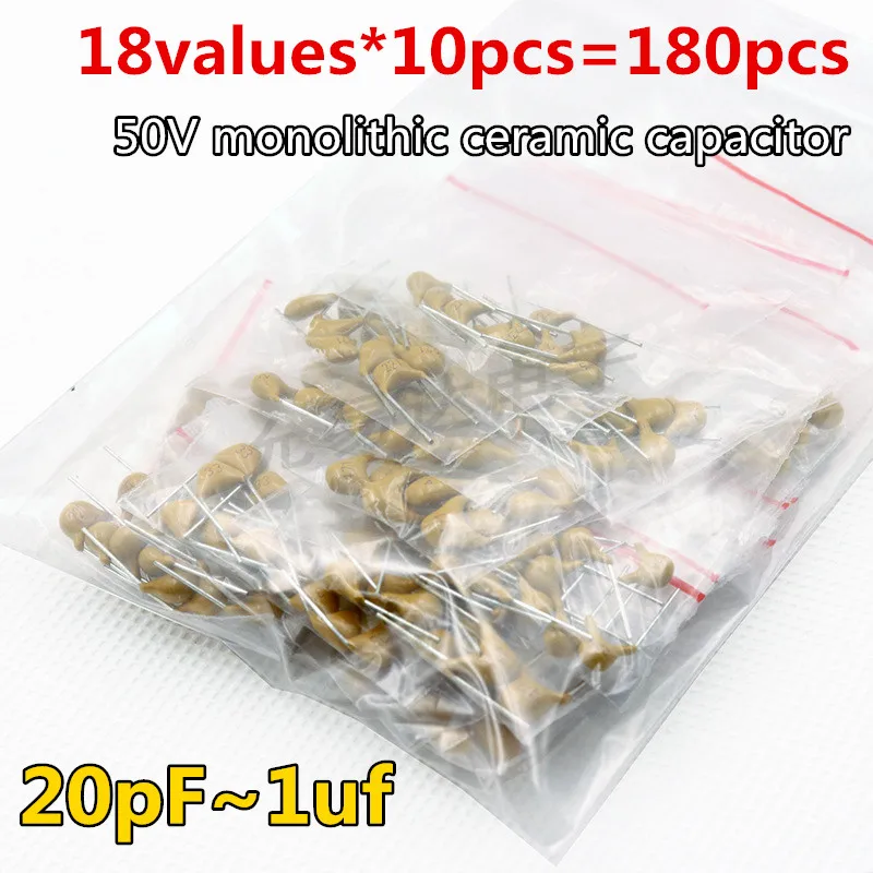 18Values*10pcs=180pcs 50V monolithic ceramic capacitor 20pF~1uf 103 105 5.08MM Ceramics capacitors  Monolithic capacitors MLCC