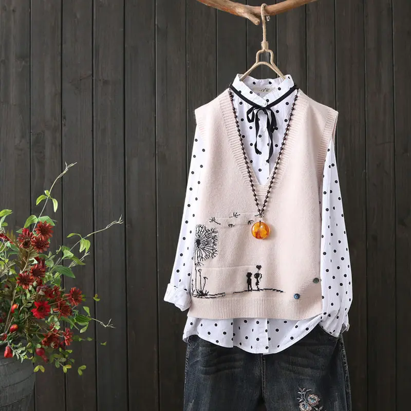 

Fashion Embroidery V-neck Knitted Sweater Vest Female Literary Fan Loose Sleeveless Cartoon Pattern Sweater Vest Women Spring