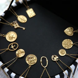 925 Sterling Silver Golden Coin Elliptic Pendant Necklace English Letter Engraving Vintage Personality 18K Gold Chain Necklace