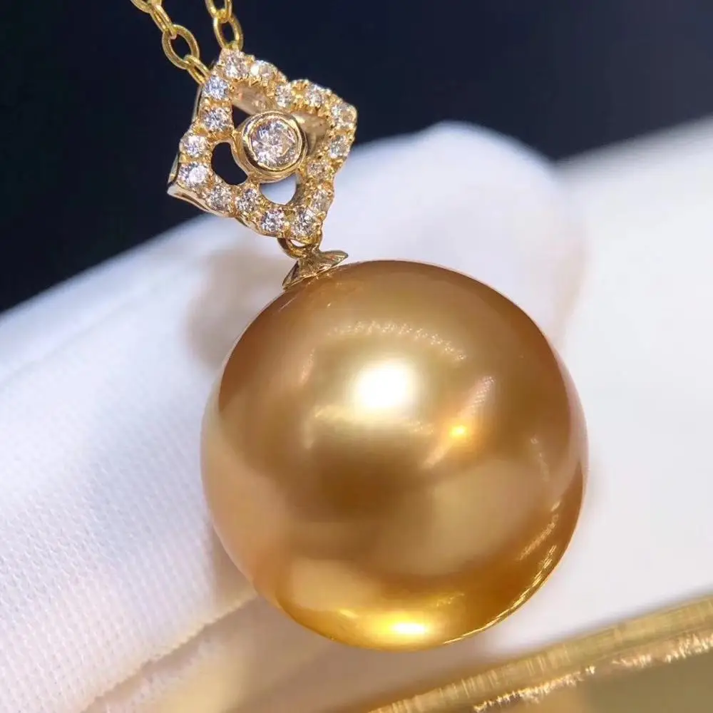 

D914 Pearl Pendant Fine Jewelry Solid 18K Gold Round 11-12mm Nature Sea Water Golden Pearl Pendant Neckalces for Women Presents