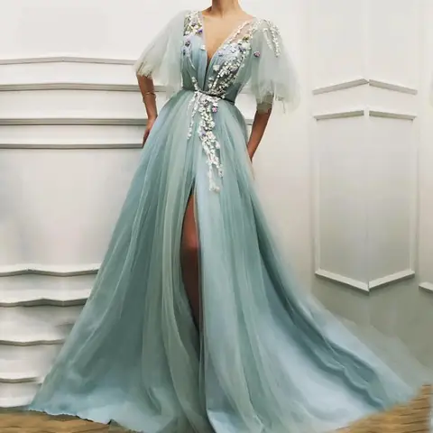 Green V Neck Evening Dress with Floral Appliques Eightale