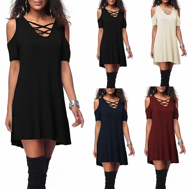 

Women Fashion Casual Off Shoulder Dresses O-Neck Short Sleeve Dresses S-2XL Size Mini Solid A-Line Sexy dress 2021 NEW