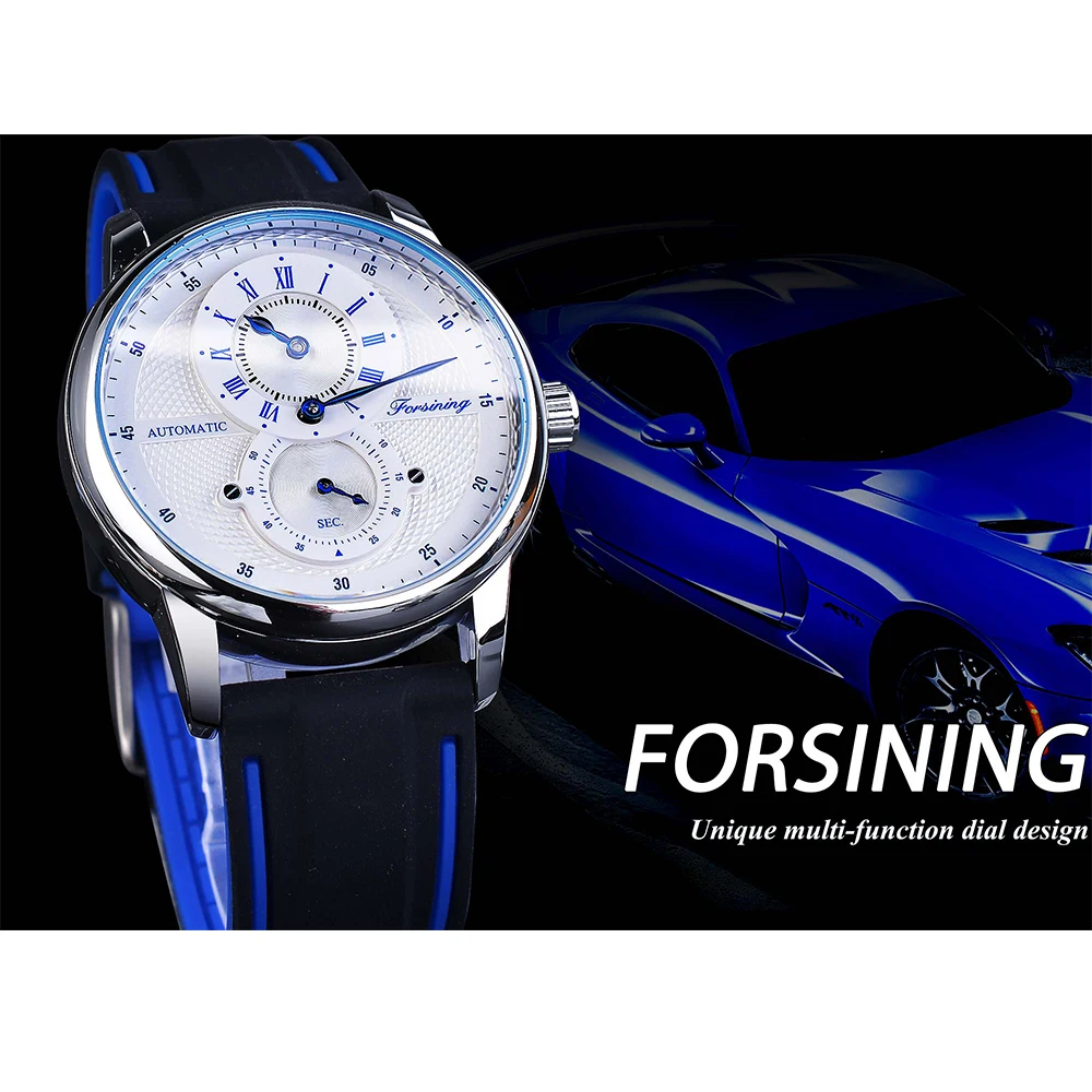 Forsining Fashion White Blue Automatic Wristwatch Transparent Waterproof Men Mechanical Watch Silicone Band Casual Sport Clock