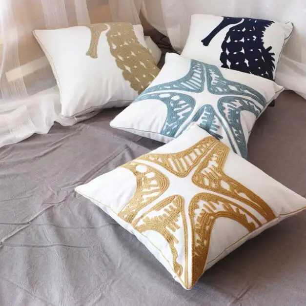 45x45cm Mediterranean embroidered cushion cover starfish/sea horse cotton canvas pillow cover throw pillowcase