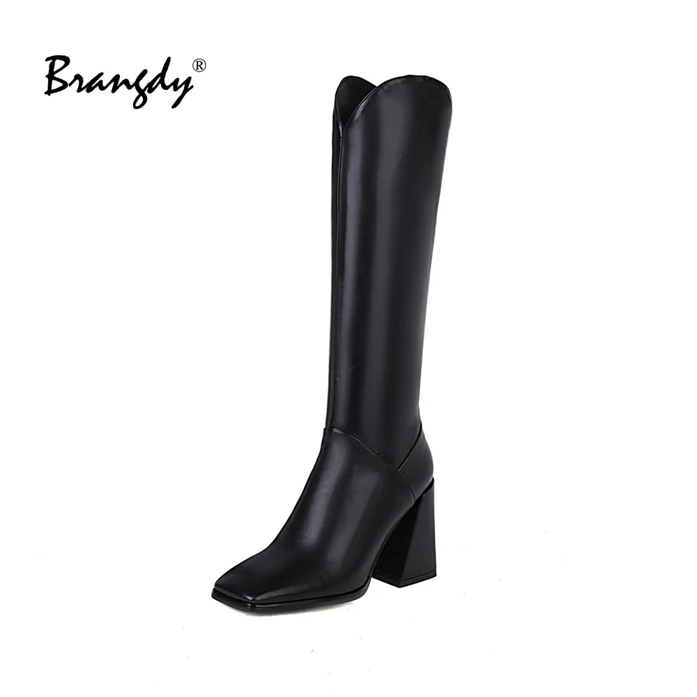 

Brangdy Retro Women Knee High Boots PU Leather Women Shoes Square Toe Zipper Women Square Heel Pumps Winter Boots With Warm Fur