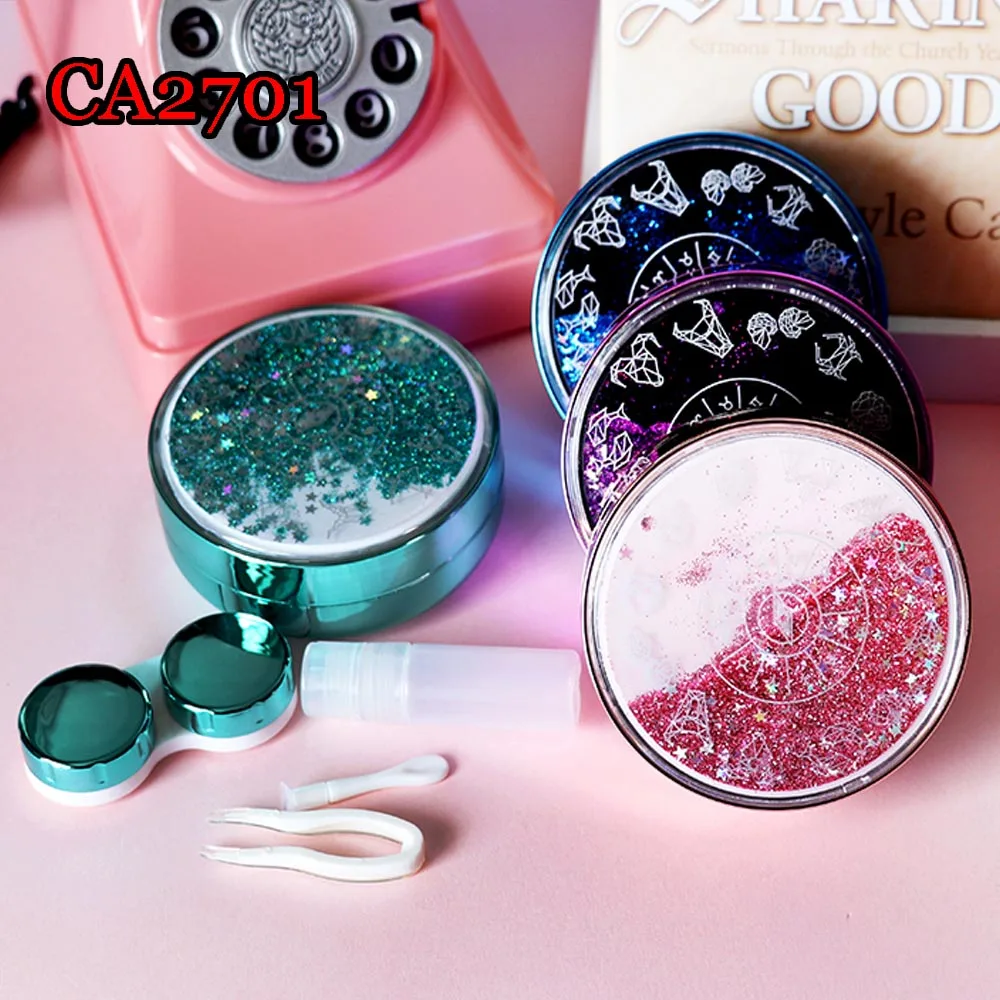 Luxury Pocket Contact Lens Cases with Mirror Glitter Quicksands Box Convenient Travel Case Container For Outdoor CA2701