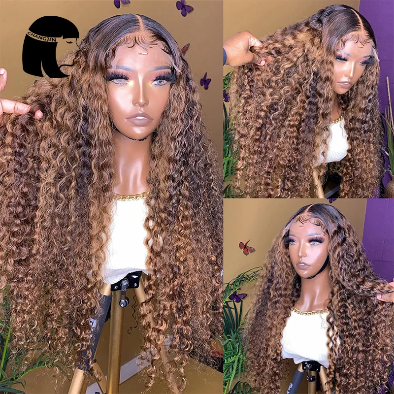 Changjin Highlight 13X6 Lace Front Wigs For Women Brown Color Brazilian Kinky Curly Human Hair Glueless Wigs With Baby Hair