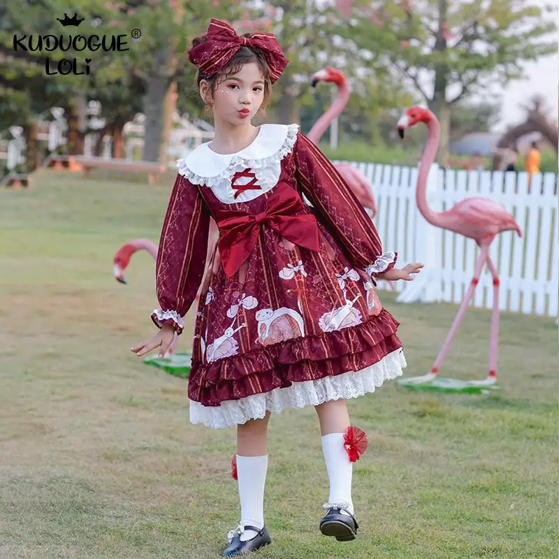 Robe princesse Lolita OP pour filles, manches longues, à volants, ensemble de Costumes de fête pour enfants avec couvre-chef, vie quotidienne d'un chat paresseux