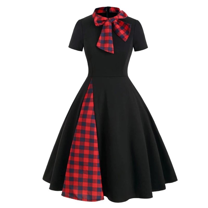 Plaid rosso anni \'50 Vintage Pin Up abito Midi papillon collo Casual Robe Femme donna manica corta estate una linea abiti eleganti abiti