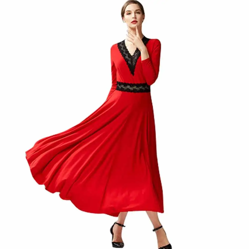 Vestido de dança de salão para mulheres, vestidos longos formais, renda gola v, vestido valsa, roupa padrão feminina, traje moderno