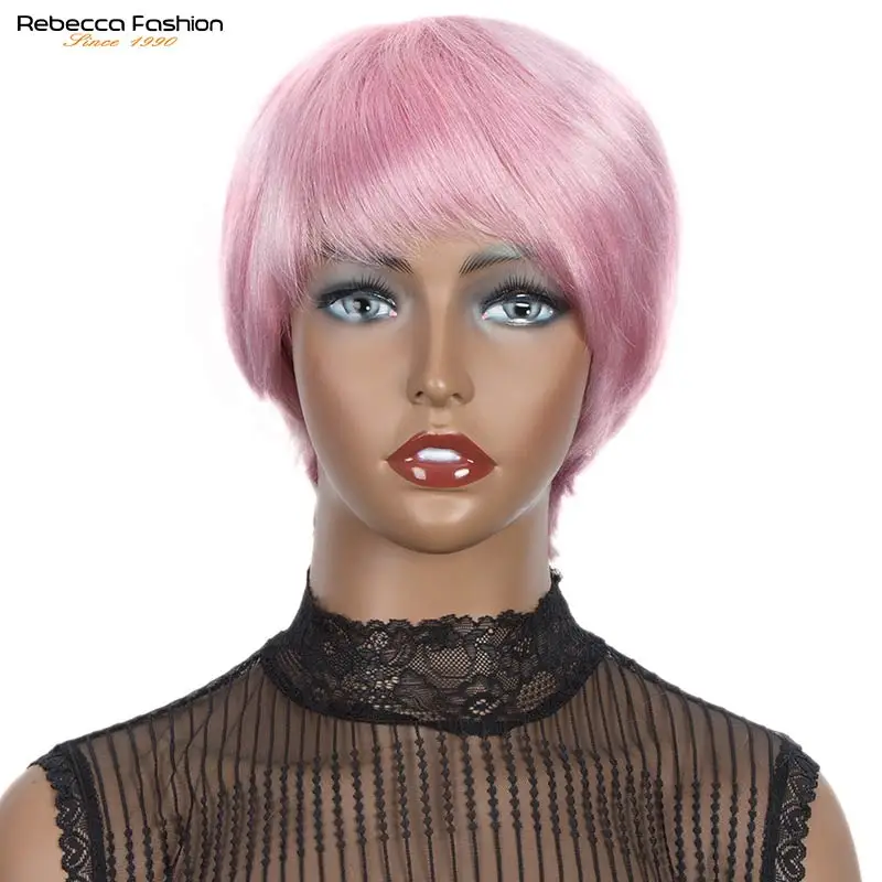 Rebecca Short Cut Straight Hair Wig Peruvian Remy Human Hair Full Wigs For Black Women Pink Gray Color Cheap Hair With Bangs Wig