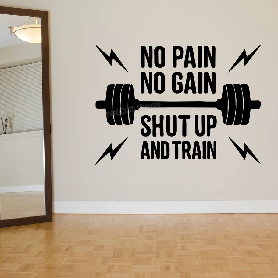 Gym Quote Wall Decal No Pain No Gain Gym Fitness Workout Sport Motivational Phrase Wall Sticker Gym Decor Vinyl Decal Mural B640