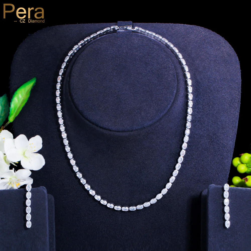 Pera Elegant Shiny Oval Cubic Zirconia Bezel Settings Women Costume Party Choker Necklace and Earrings Bridal Jewelry Sets J448