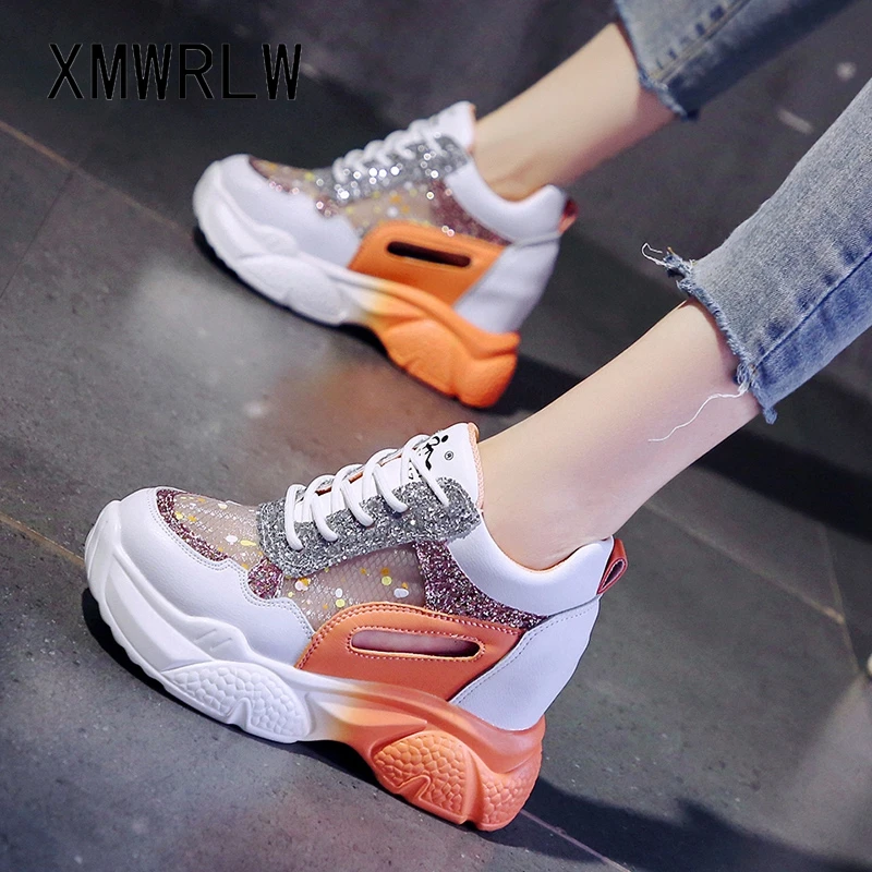 

XMWRLW Women Summer Chunky Sneakers Breathable Mesh Fashion Sequin Female Shoes High Heels Women Chunky Summer Shoes Sneakers