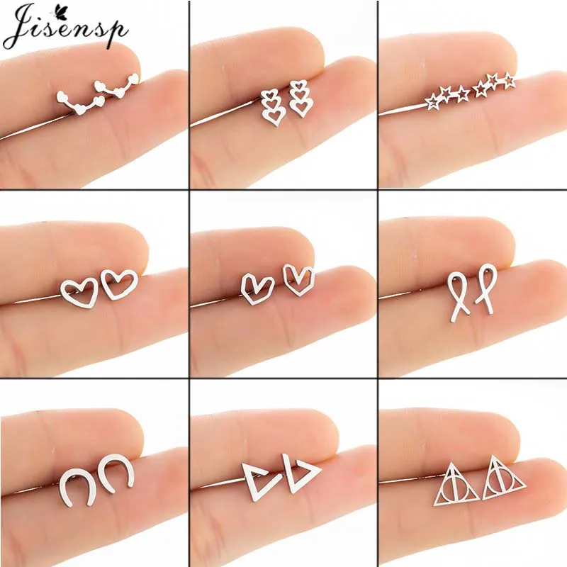 Jisensp Simple Geometric Stainless Steel Earrings Multi Hearts Stars Stud Earrings Fashion Jewelry for Women Girls Best Gift