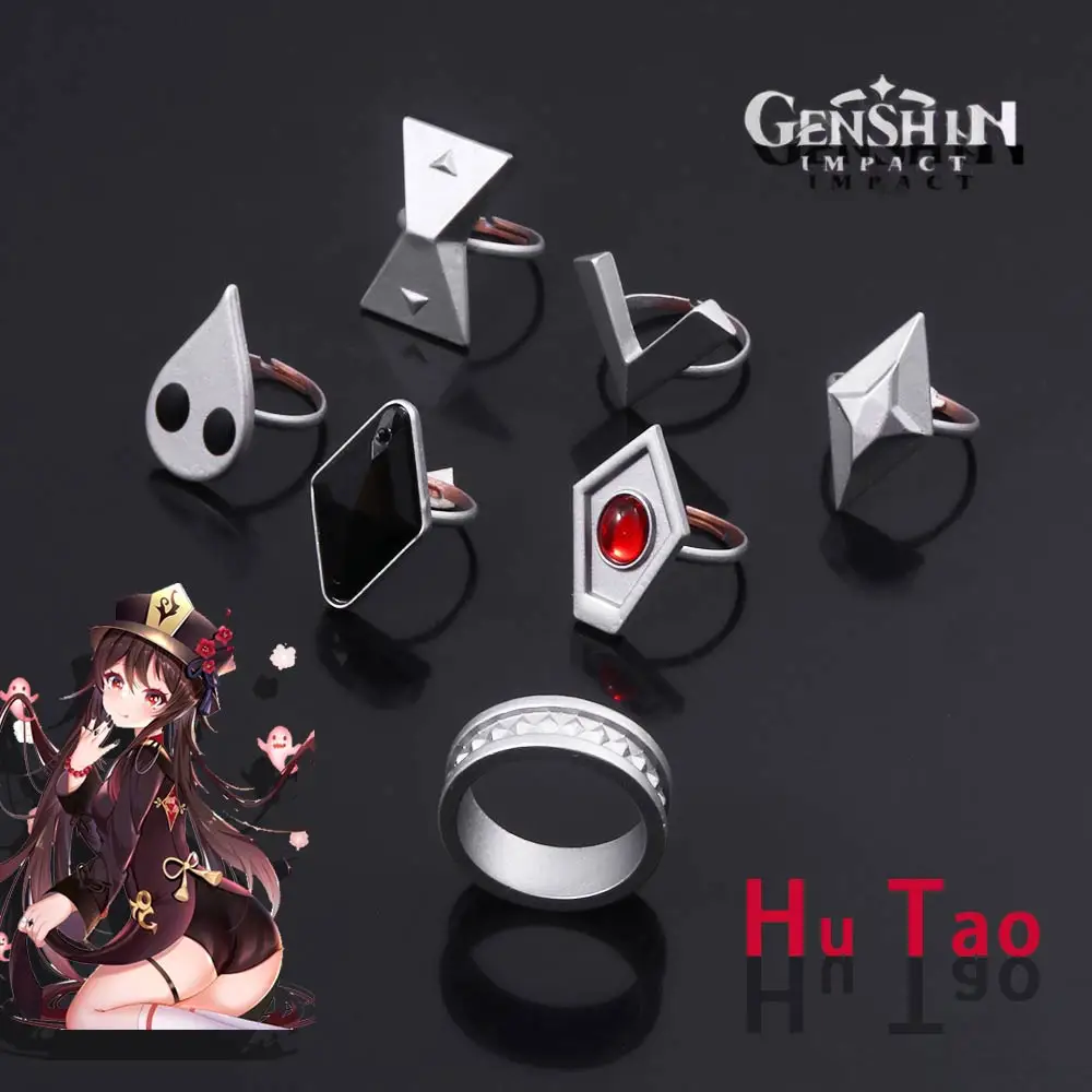 A Set Genshin Impact Hutao Cosplay Rings Game Characters Same Adjustable Metal Ring For Men Women Props Jewelry 7pcs With Box