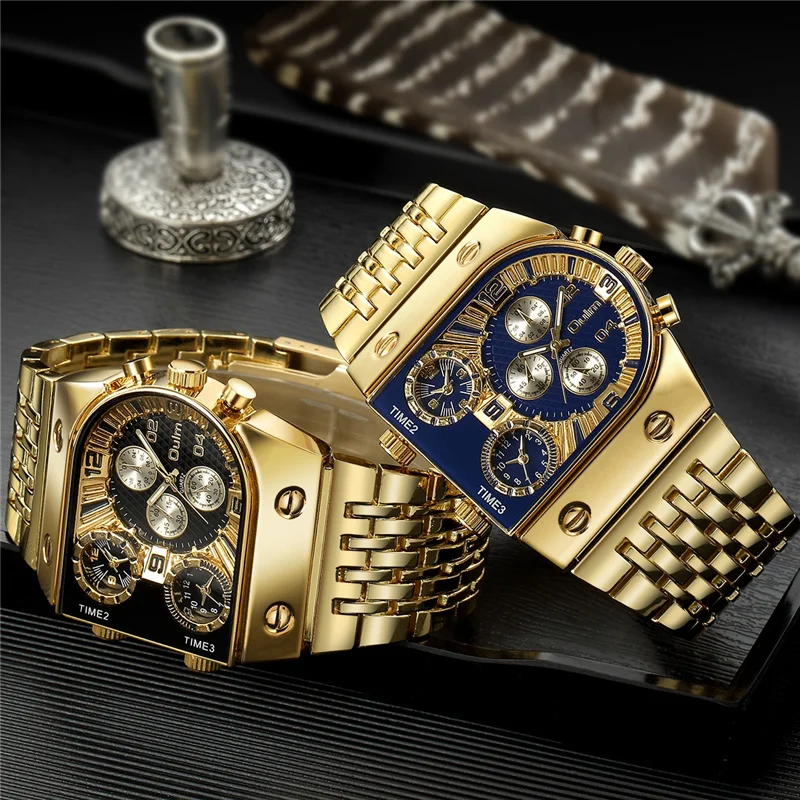 Oulm 9315 Silver Gold Blue Quartz Watches Men Luxury Brand 3 Time Zone Military Wristwatch Male Clock Full Steel Watch