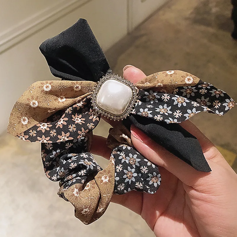 Diamond-Studded Pearl Floral Bow Bow Large Intestine Hair Ring 2021 Super Fairy Headdress Girl Sweet Heart Hair Accessories