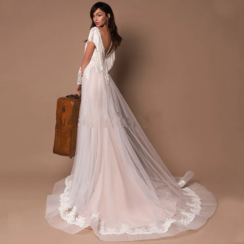 Classic V-Neck Wedding Dresses 2021 Lace Appliques Cap Sleeve Tassel Backless Court Train Bridal Gowns Soft Tulle Robe De Marie